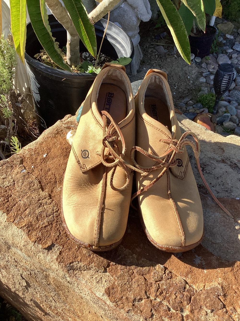 Born Handcrafted Leather Driving Oxfords (Style W1244) Tan Leather Lace-Up Shoes